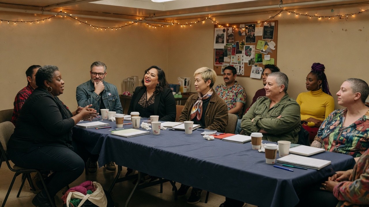 A diverse group of adults sitting around a community table with notebooks and coffee, talking and listening