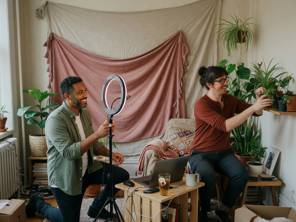 Two fully clothed adult men setting up a cozy home streaming corner with a laptop and ring light