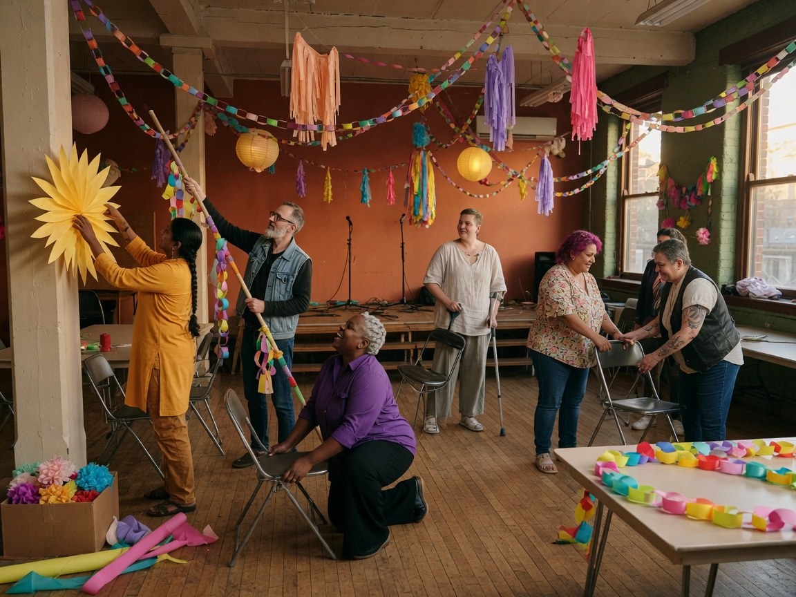 A diverse group of adults arranging chairs and colorful paper decorations in an inclusive community venue