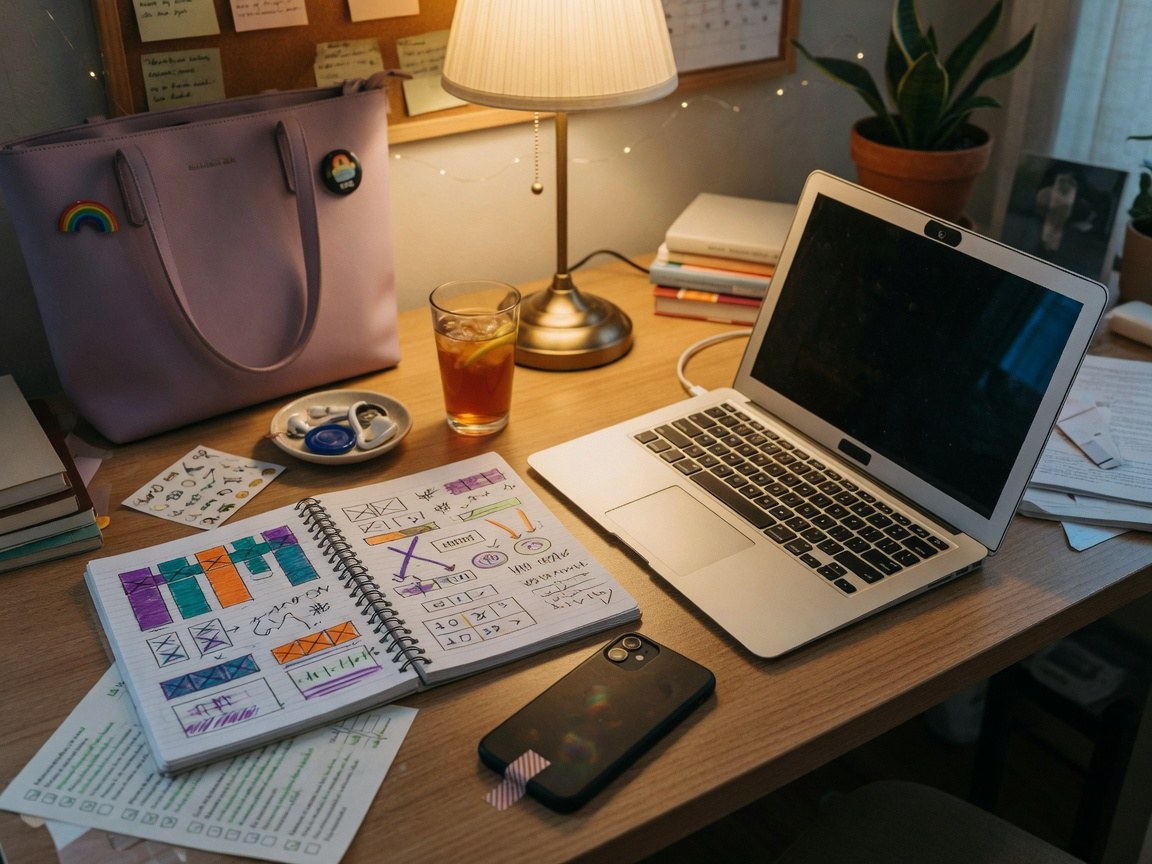A warm desk setup with a laptop, notebook and phone prepared for private adult live-platform browsing