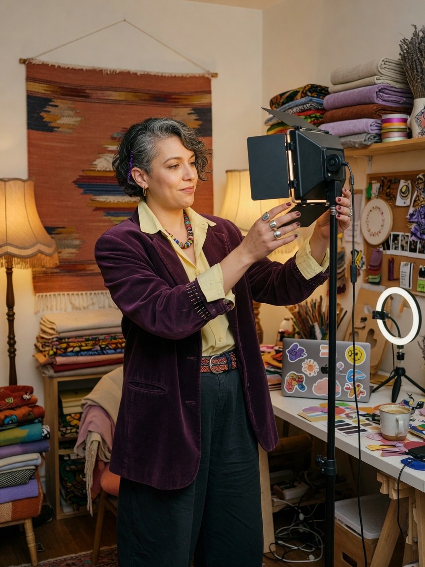 A fully clothed adult trans creator adjusting a camera light in a warm creative studio